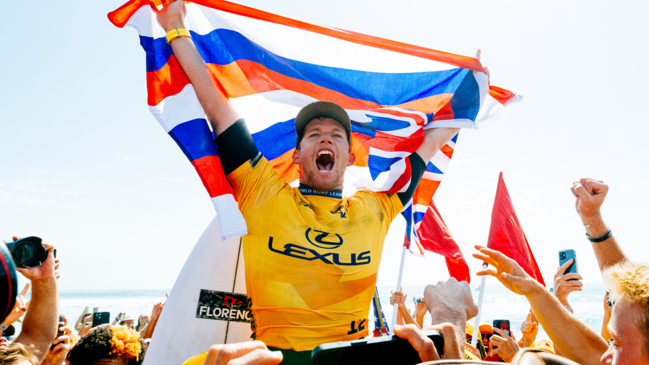SAN CLEMENTE, CALIFORNIA - SEPTEMBER 6: Two-time WSL Champion John John Florence of Hawaii after winning the 2024 World Title after Title Match 2 at the Lexus WSL Finals on September 6, 2024 at San Clemente, California. (Photo by Thiago Diz/World Surf League)